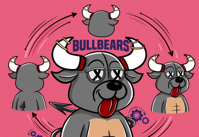 A cartoon illustration on a pink background showing a gray bull character with X eyes and a tongue out, surrounded by arrows. Text reads 'BULLBEARS'.