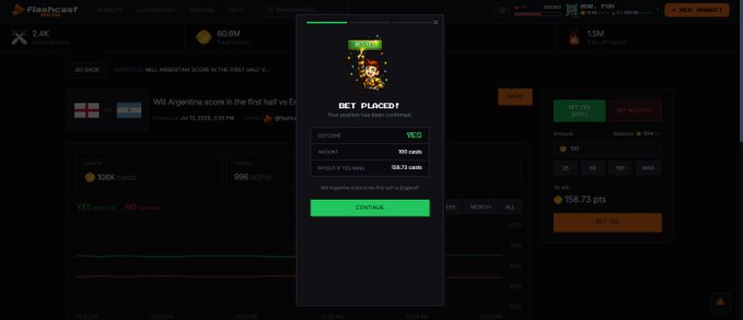A Flashcast prediction platform screenshot showing a "BET PLACED!" confirmation modal for 100 coins on the Argentina vs Ecuador first half total over 1.5 goals (182.73 coins payout) during Week 7 Ignition Season 1, with the semifinals and current 158.73 pts score visible in the background. The image confirms the author's successful prediction lock-in mentioned in the post.