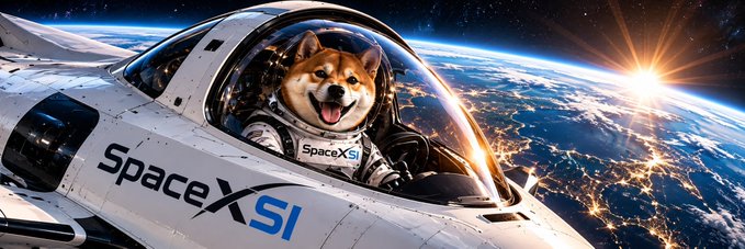 A digital illustration of a smiling Shiba Inu dog wearing a spacesuit in the cockpit of a SpaceXSI spacecraft, with Earth and a bright sun in the background.