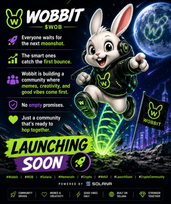 A promotional poster for 'WOBBIT ($WOB)' token launching soon on Solana, featuring an astronaut bunny with moon and crypto meme branding.