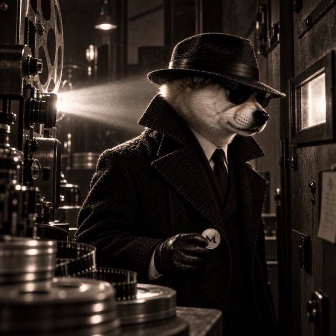 A black-and-white illustration depicts an anthropomorphic dog character dressed in a trench coat, fedora, and sunglasses, holding a coin in a vintage film projector room.