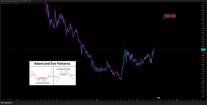 A TradingView candlestick chart for the CHZ/Chiliz cryptocurrency shows a long-term downtrend forming an "Adam and Eve" double bottom pattern, with the current price reaching around 197.5M and a marked high of 190.5M, alongside an inset educational diagram illustrating the Adam and Eve bottom pattern.