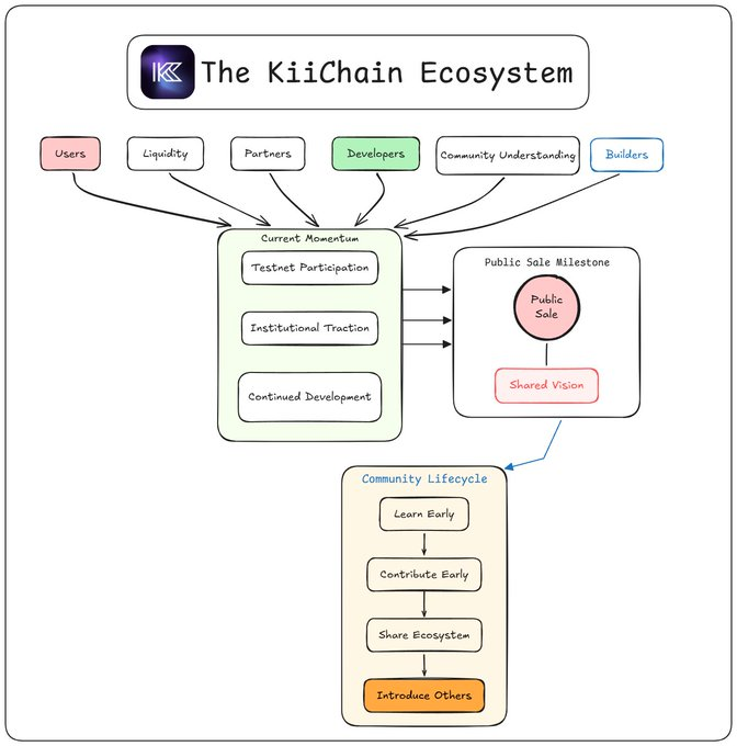 A flowchart diagram titled 'The KiiChain Ecosystem' showing components including Users, Liquidity, Partners, Developers, Community Understanding, and Builders feeding into 'Current Momentum' and 'Public Sale Milestone' sections, leading to a 'Community Lifecycle' flow.