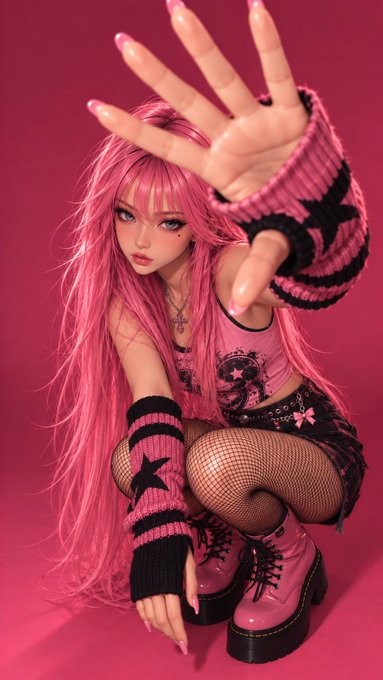 A person with long pink hair, wearing a pink and black star-patterned outfit with fishnet stockings and platform boots, crouches while extending a hand toward the camera in a stop gesture against a pink background—matching the upbeat yet protective morning sentiment of wishing their followers a successful week ahead.