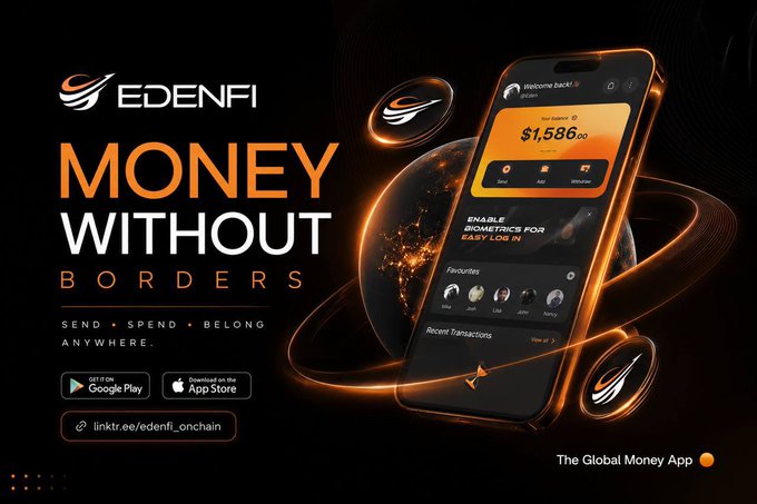 The image is a promotional banner for EdenFi, a global money app, featuring the tagline "MONEY WITHOUT BORDERS" and "SEND • SPEND • BELONG ANYWHERE," alongside a smartphone displaying a $1,586.00 balance and a prompt to "ENABLE BIOMETRICS FOR EASY LOG IN." It visually reinforces the post's message about a single platform enabling cross-network asset swaps and global payments, highlighting EdenFi's multi-functional capabilities beyond traditional wallets, with download links for Google Play and the App Store.