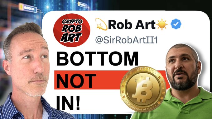 A YouTube thumbnail features two men beside a "CRYPTO ROB ART" logo, the handle "@SirRobArtII1", and bold text reading "BOTTOM NOT IN!" next to a Bitcoin graphic.