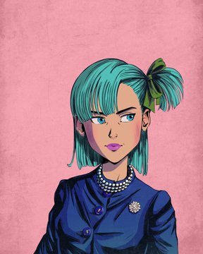 A digital illustration of a woman with teal hair in pigtails, wearing a dark blue dress with pearl details and a brooch against a pink background.
