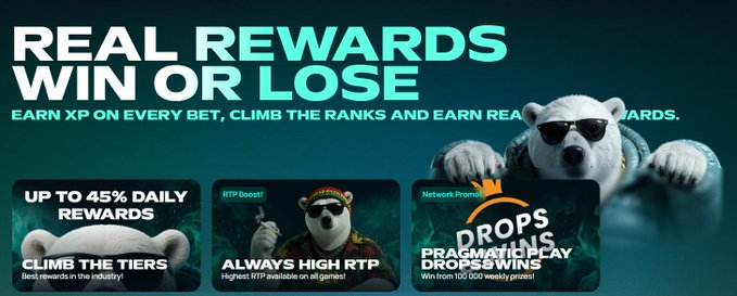 A promotional banner reading 'REAL REWARDS WIN OR LOSE - EARN XP ON EVERY BET, CLIMB THE RANKS AND EARN REAL REWARDS,' featuring a polar bear mascot in sunglasses and sections advertising 'UP TO 45% DAILY REWARDS,' 'ALWAYS HIGH RTP,' and 'DROPS BRACELETS DROPS WIN.'