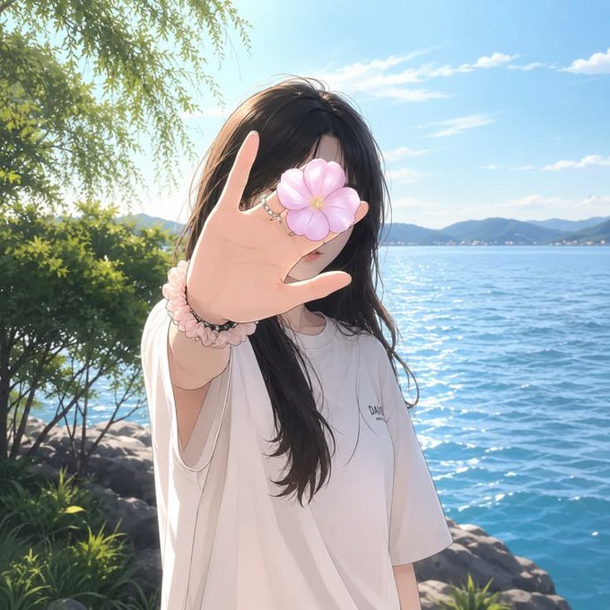 An anime-style girl in a white t-shirt holds up a pink flower that covers her face, standing by a blue lake with mountains in the background under a sunny sky.
