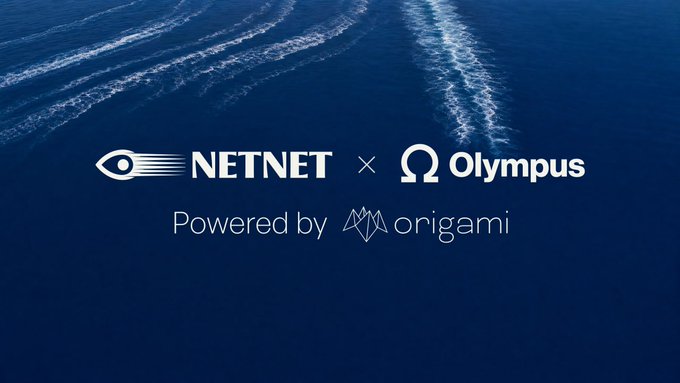 The image shows a partnership announcement against a blue ocean backdrop featuring NETNET × Olympus, "Powered by Origami." The graphic visually supports the post's discussion of $NET, highlighting its integration with Olympus (the well-known DeFi protocol behind OHM), with Origami providing the underlying AI modeling and treasury analytics referenced in the commentary.