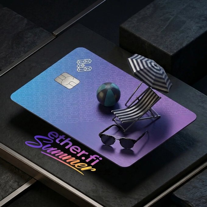 A purple and blue gradient credit card sits on a dark tiled surface, adorned with miniature sunglasses, a beach ball, and a striped beach chair, accompanied by the text "ether.fi Summer." The image visually echoes the post's hint about packing summer essentials and teasing a major announcement, with the sunglasses, beach ball, and chair symbolizing the "packed" items ahead of an upcoming reveal.