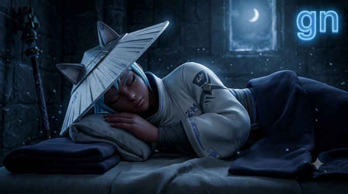 A digital artwork depicts a blue-haired girl wearing a wide-brimmed hat with cat ears, peacefully sleeping on a bed of blankets in a moonlit stone room.