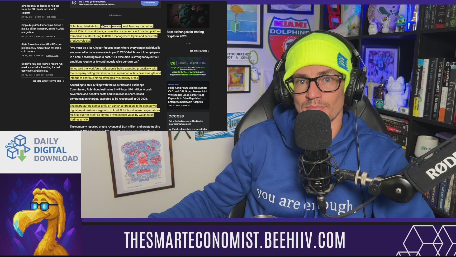 The image features a man wearing a blue hoodie, sitting behind a microphone with headphones on his head. He appears to be talking into the microphone during an interview or podcast recording session. The background of the image shows various books scattered around, suggesting that he might be discussing topics related to finance, technology, or other intellectual subjects.