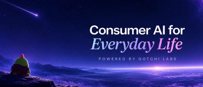 Gotchi Labs promotional banner with the text "Consumer AI for Everyday Life" featuring an illustrated character sitting on a cliff watching a starry sky.