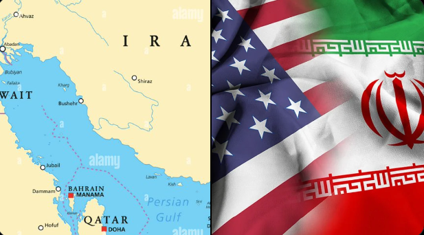 A map showing the Persian Gulf region with Iraq, Kuwait, Bahrain, and Qatar labeled sits beside overlapping American and Iranian flags. The image appears unrelated to the post about U.S. stablecoin legislation and Federal Reserve CBDC policy.