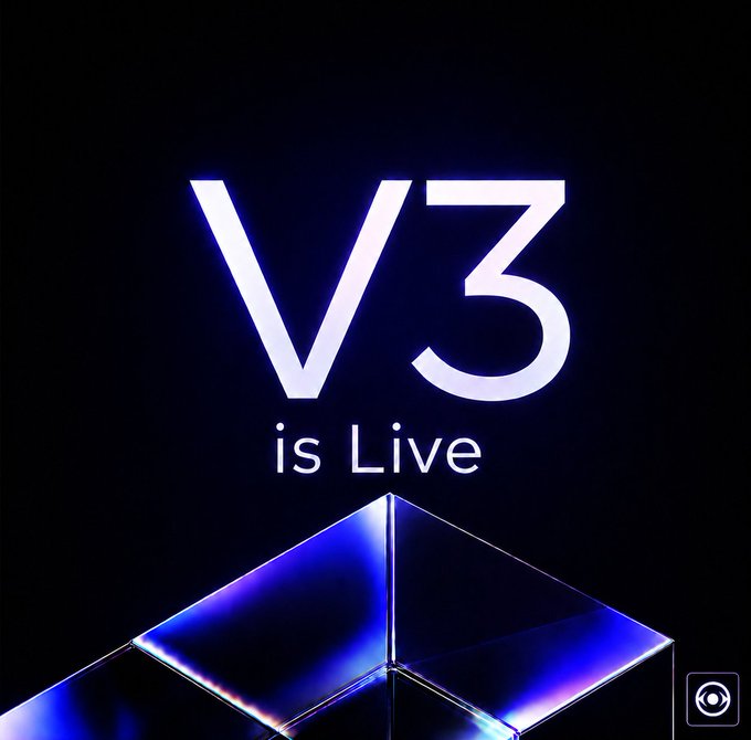 The image features a black background with white text that reads "V3 is Live" at the top, followed by an illustration of a pyramid-like structure made up of blue triangles. The caption below the image states "Indigo - the highly advanced DeFi protocol on Cardano, just launched v3 markets with Indigo Limitless and the most impactful @PythNetwork integration to date!".