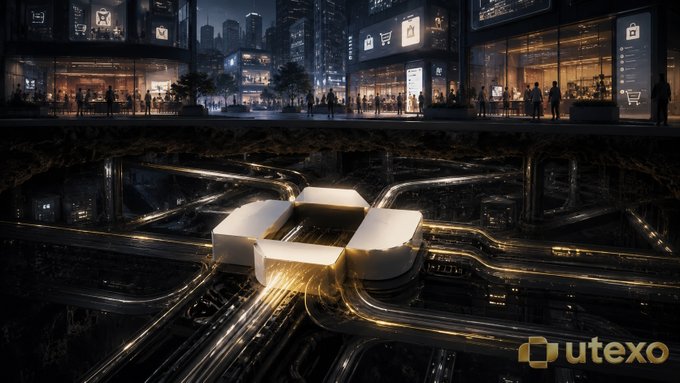 A futuristic cityscape at night above a glowing underground infrastructure network, with the 'utexo' logo in the corner.
