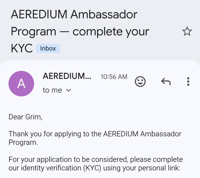 An email screenshot from AEREDIUM asking 'Grim' to complete KYC verification for the AEREDIUM Ambassador Program.