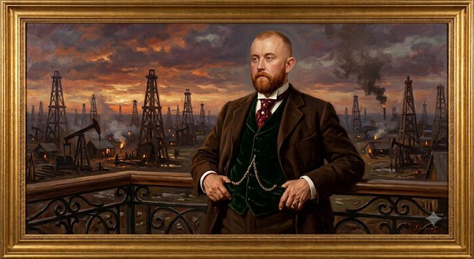A classical-style oil painting portrait of a bearded man in a brown suit and green vest with a pocket watch chain, standing on a balcony with numerous oil derricks visible in the background.