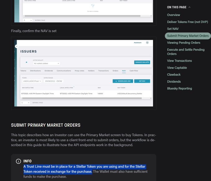 The image shows a documentation page about submitting primary market orders on the Stellar blockchain, with a screenshot of an "Issuers" dashboard displaying wallet and NAV (Net Asset Value) information for the token "Default Securenny Steller." The accompanying text mentions that a Trust Line must be in place for a Stellar Token before purchasing, which aligns with the post's note about "Trustlines established" being a requirement for token transactions.