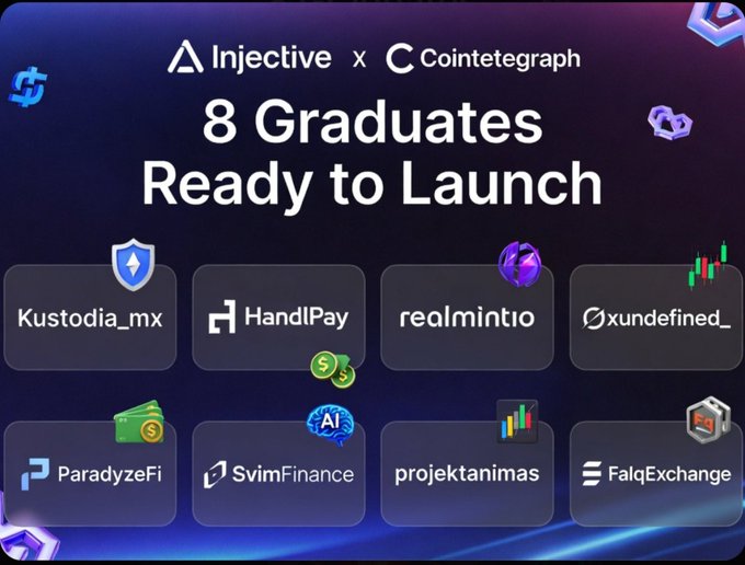 The image features a poster with various logos, including logos for different cryptocurrency projects such as Bitcoin, Ripple, and Ethereum. The text on the poster reads "8 graduates ready to launch", indicating that these graduates are about to embark on their careers in the world of cryptocurrency. The poster also includes several project names related to cryptocurrency, which suggests that this is a gathering or event where people can learn more about these projects and potentially invest in them.