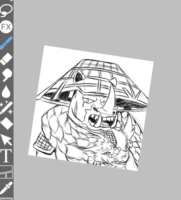 The image features a hand-drawn black and white sketch of a fierce rhinoceros character wearing a woven conical hat, with a smaller animal figure (possibly a hedgehog or small creature) in the foreground.

This relates to the "Gm Sketch" caption as it appears to be a digital drawing created using a sketch/illustration application, with the brush tool currently selected in the toolbar visible on the left side of the screen.