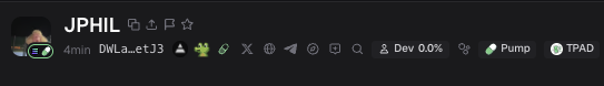 A dark header bar showing the username 'JPHIL' with a profile icon, timestamp '4min', and tag elements including 'pump' and 'tPad'.