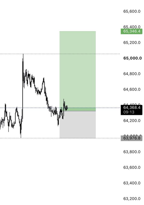 The image shows a BTC/USD price chart around the 64,368.4 level at 09:13, with key levels marked at 63,976.8 (lows) and 65,346.4 (highs) within a highlighted green zone from lows to highs. This visually supports the post's bullish thesis that Bitcoin is holding its lows and could sweep higher to retest the highs.