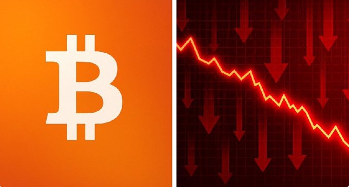 A side-by-side image features the Bitcoin logo (₿) on an orange background next to a red downward-trending chart with arrows pointing down, visually representing the cryptocurrency's recent price drop below $62,000 and the broader market sell-off that has liquidated over $300 million in long positions.