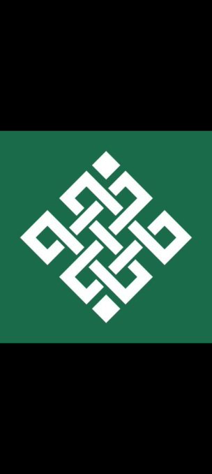 Green flag or banner displaying a white geometric Celtic-style endless knot or interlaced square symbol.
