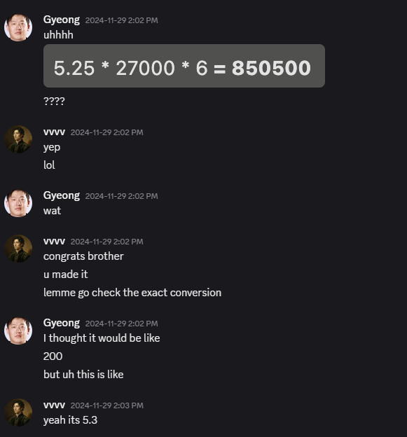 A Discord conversation between users 'Gyeong' and 'vvvv' discussing a mathematical calculation '5.25 * 27000 * 6 = 850500', with Gyeong expressing surprise at how large the number is compared to their expectation of around 200.