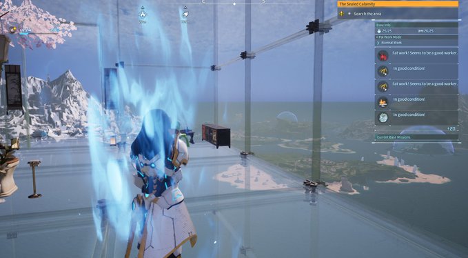 In-game screenshot showing a glowing blue character in a scenic environment with cherry blossoms, accompanied by a quest menu titled 'The Seeded Calamity'.