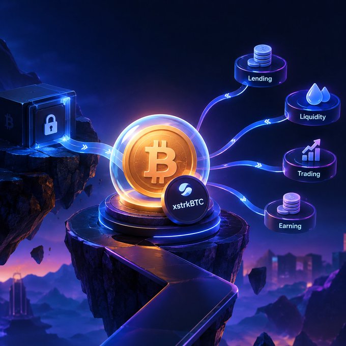 A digital illustration shows a Bitcoin coin connected to nodes labeled Lending, Liquidity, Trading, and Earning, with a token marked xstrkBTC.