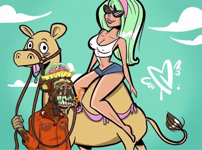 A cartoon-style illustration of a green-haired woman in sunglasses riding a cartoon horse, led by a zombie-like character in an orange prisoner uniform with a colorful hat, signed "CW 13" on a teal background.