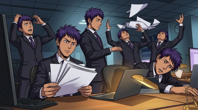 An anime-style illustration showing multiple versions of the same purple-haired man in a suit in a chaotic office, with some throwing documents, one reading a file, and another working at a laptop.