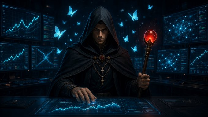 A hooded figure holding a red-glowing staff stands at a high-tech console displaying data charts, surrounded by glowing blue butterflies.