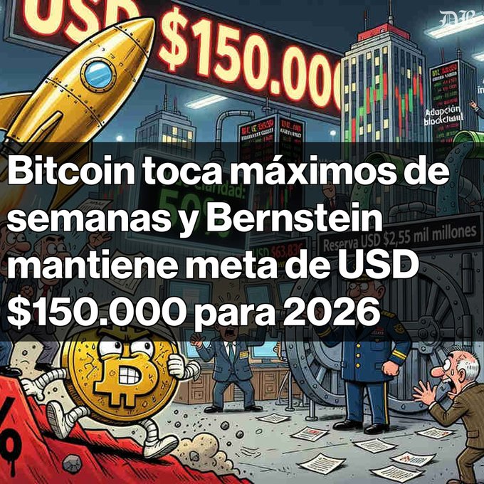 A cartoon illustration about Bitcoin with Spanish text reading 'Bitcoin toca máximos de semanas y Bernstein mantiene meta de USD $150.000 para 2026' (Bitcoin touches weekly highs and Bernstein maintains $150,000 target for 2026), showing a Bitcoin character running with a rocket.