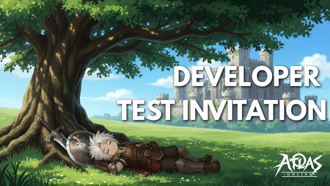 An anime-style banner reading 'DEVELOPER TEST INVITATION' featuring a white-haired character sleeping under a tree with a castle in the background, branded with 'ATLAS ONLINE'.
