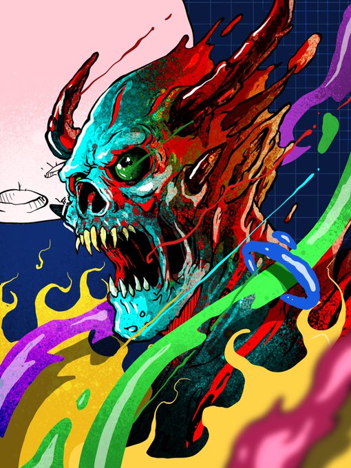 A vibrant illustration of a demonic creature with sharp teeth, red horns, and a teal face, surrounded by swirling colorful flames and ribbons against a dark background.