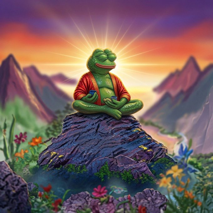 A serene Pepe the Frog meditates atop a mountain peak at sunset, radiating peaceful energy as a halo of light surrounds him. The image perfectly embodies the post's message about calm minds and mindful decisions, presenting the $pepe mascot in a state of zen-like wisdom.