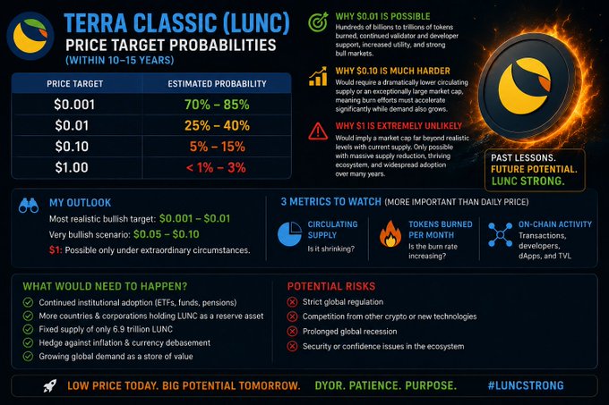 The image is an infographic titled "TERRA CLASSIC (LUNC) PRICE TARGET PROBABILITIES (WITHIN 10-15 YEARS)" showing estimated probabilities for various price points: $0.001 (70-85%), $0.01 (25-40%), $0.10 (5-15%), and $1.00 (<1-3%). It complements the post by visualizing the post's stated realistic bullish targets ($0.001–$0.01 and $0.05–$0.10) alongside key catalysts like token burns, ecosystem utility, and the "#LUNCSTRONG" message emphasizing patience and long-term potential.