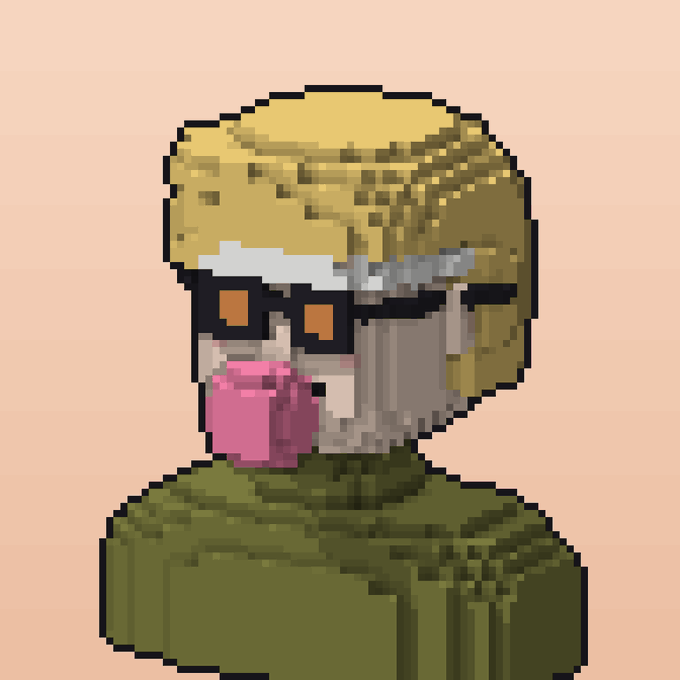 A pixel art portrait of a character with blonde hair, sunglasses, and a green jacket, sipping from a pink cup.