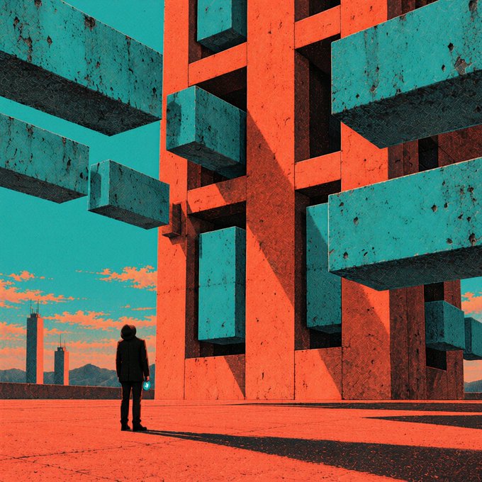 A lone figure stands on an expansive orange plaza, dwarfed by a massive brutalist concrete structure of blocky turquoise and red-orange columns reaching into a teal sky, with a small blue light glowing in the figure's hand that mirrors the parallel mining nodes powering Kaspa's blockDAG.