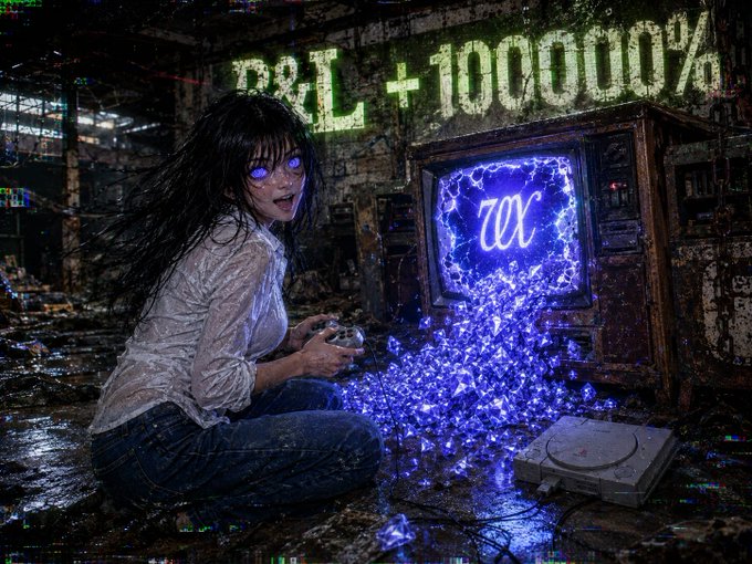 A dark, cyberpunk-style illustration of a woman with glowing blue eyes sitting in a dilapidated industrial setting next to a glowing blue "70%" television screen, with green pixelated text reading "D&L +100000%" displayed above.