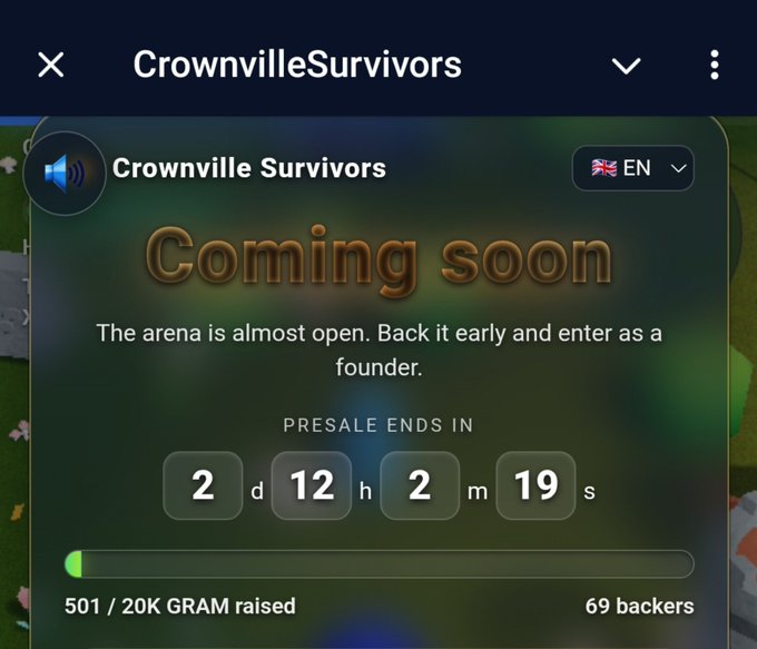 A mobile screen showing a Telegram mini-app for "Crownville Survivors" with a "Coming soon" announcement, presale countdown (2d 12h 2m 19s), and showing 501/20K GRAM raised with 69 backers.