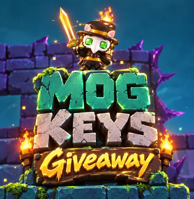 A promotional graphic for a 'MOG KEYS Giveaway' featuring a chibi knight character with a flaming sword standing on a mossy stone pedestal.