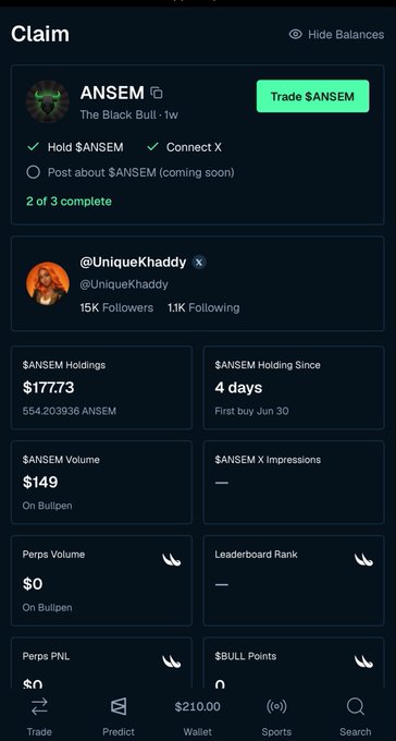 A mobile screenshot of a Bullpen.fi "Claim" page showing a 2-of-3 completed airdrop checklist for $ANSEM (The Black Bull · 1w), with a "Trade $ANSEM" button and stats for @UniqueKhaddy including $177.73 in $ANSEM holdings (554.203936 ANSEM), held 4 days, $149 volume on Bullpen, and $210.00 in the wallet—matching the post's callout to sign up via bullpen.fi/@Mackhaddy, hold ANSEM, and connect X to qualify for the live airdrop.