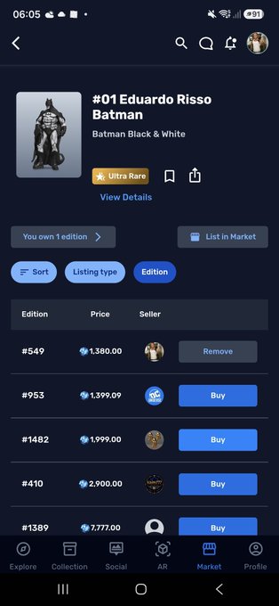 A mobile app screenshot showing the market page for '#01 Eduardo Risso Batman' (Batman Black & White), an Ultra Rare NFT, with various editions listed for sale with Buy buttons.