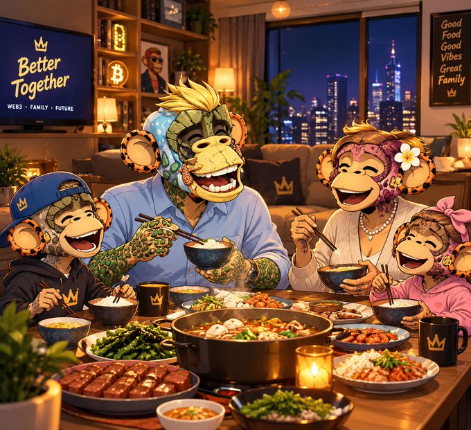 A family of anthropomorphic monkeys in Bored Ape-style attire sits around a dining table enjoying food together, with a TV displaying 'Better Together - WEB3, FAMILY, FUTURE' and a Bitcoin symbol visible in the background.