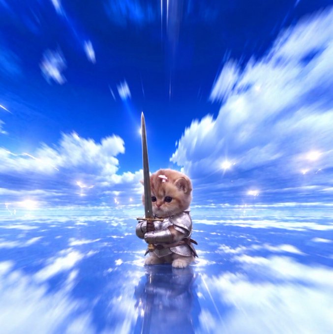 A digitally created image of a small kitten dressed in silver knight armor holding a sword, standing on a reflective surface under a dramatic blue cloudscape.